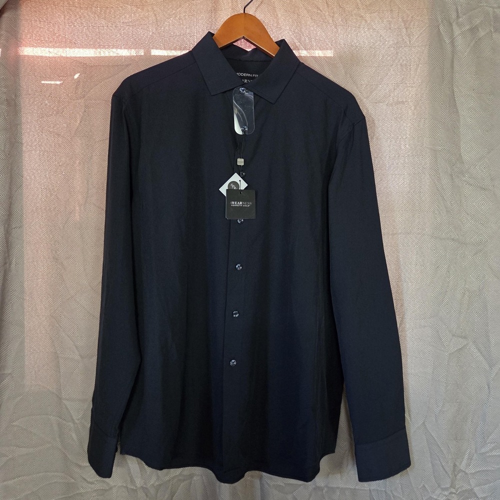 Awearness Kenneth Cole Dress Shirt Mens L 17-17.5 34/35 Blue Regular Stretch LS
